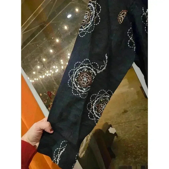 Mandarin Blue Women's Embroidered Black Linen Jacket 1X Button-Up Boho Artsy - Picture 3 of 11